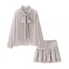 Traje de Dos Piezas de Moda para Mujer Verano Delgado con Lazo y Cordones Manga Larga Jersey Camisa Holgada Falda Mini Plisada