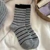 Meias de Lã Listradas para Mulheres, Meias de Cano Médio para Outono e Inverno, Forradas com Fleece, Espessas, Quentes de Caxemira, Meias Caídas Estilo Japonês, Meias Longas com Renda