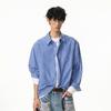 Camisa de Xadrez Azul Falsa de Duas Peças Masculina Verão Fina Tendência Marca Retro Americano Casual Solta Proteção Solar Jaqueta de Manga Longa