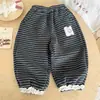 Calças Listradas com Forro de Fleece para Meninas Outono e Inverno Calças Casuais Infantis Versátil Soltas Calças de Moletom Novas Calças de Algodão de Inverno para Bebê