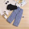 Amazon Comercio Exterior Especial para Ropa Infantil Top de Hombro de Cuello Redondo de Color Sólido Jeans Rotos con Multibotones Estampados Traje para Niñas