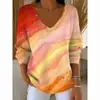 Estación Independiente Transfronteriza Europea y Americana Nueva Camiseta de Moda para Mujer Estampado 3D Color Degradado Cuello en V Manga Larga Top Verano Europeo y Americano