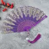 Leque Dobrável Estilo Antigo Hanfu para Mulheres, Leque Dobrável de Plástico com Borla para Dança, Leque para Sessão de Fotos Qipao, Leque Dobrável de Tecido Estilo Chinês