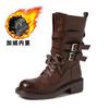 Botas de Cordones con Suela Gruesa y Tacón Grueso Estilo Retro para Mujer 2025 Otoño e Invierno Nuevas de Media Pantorrilla Estilo Británico Hebilla de Cinturón Botas de Motociclista