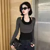 Conjunto feminino plus size para o início do outono, color block, modelador: top regata com gola halter e camiseta de manga longa, um conjunto versátil e estiloso de duas peças