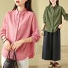 Foto Real de Camisa Activa Verde Algodón Puro para Mujer, Estilo Primavera, Camisa Vintage de Manga Larga con Cuello, Top Corto por Delante y Largo por Detrás