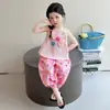 Conjunto de Verão para Meninas 2026 Novo Colete Floral Calça Fina Sem Manga Conjunto de Duas Peças Moderno