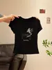 Yin He Camiseta de Manga Corta con Cuello Redondo y Estampado de Cachorro Negro Estilo Americano para Mujer Verano Nuevo Top Adelgazante para Petites