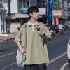 Camisa Polo de Manga Curta Masculina Verão Estilo Japonês Retro Tendência Marca Gola Contrastante Top Solto Casual Camiseta Pesada de Manga Curta