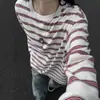 Camiseta retrô listrada estilo Hong Kong, camiseta masculina de manga longa com gola redonda, camiseta casual de corte solto, camiseta juvenil