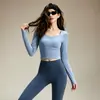 Conjunto de Yoga com Calça Longa Feminina, Decote Quadrado, Manga Longa, Cintura Alta, Calça Esportiva Casual, Conjunto de Duas Peças para Treinamento Profissional de Pilates