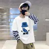 Camiseta de Estilo Japonés con Parches Rayados de Dos Piezas Falsas Casual para Niños Algodón Puro Manga Larga Fresca Moderna Estampado de Dibujos Animados