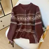 Nuevo diseño estilo coreano para otoño e invierno, suéter de punto con cuello redondo, jacquard vintage, bloques de color para mujer, cárdigan de punto para mujer