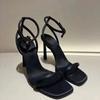 Sandalias de Tacón Alto para Mujer con Punta Cuadrada y Abierta, Hebilla, Temperamento Sexy, Negras, Huecas, 8 cm