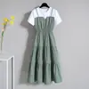 Vestido Fresco de Verão Coreano Falso Duas Peças 2022 para Meninas Cheinhas Tamanho Grande Costura Saia Evasê Saia Midi com Forro