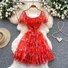 Vestido Floral Cuadrado de Manga Abullonada Estilo Dopamina para Mujer, Verano Malla con Volantes Dulce Vestido de Malla