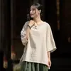 Top artístico y vintage de algodón y lino para mujer, nuevo suéter de verano estilo chino, inspirado en el Zen, color liso simple, con cuello abotonado, cuello redondo y mangas cortas