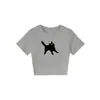 Nova Camiseta de Verão Cinza com Gola Redonda e Manga Curta para Mulheres com Estampa de Gato Cartoon Top Curto Slim Fit Hot Girl