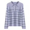 Estilo Coreano 100% Lana Pura Cuello Polo Tejido para Mujer Otoño/Invierno Nuevo Llegado Estilo Universitario Suéter de Rayas Pulóver Top