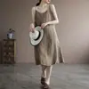Algodão Linho Verão Novo Algodão Puro Alça Cor Sólida Vestido Feminino Artístico Elegante Solto Alça Interna Vestido Longo