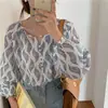Nova Camisa Feminina Plus Size de Manga Longa Estampada com Design Único para Mulheres Cheinhas, Casual Solta Chic Estilo Coreano