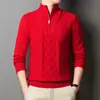 Suéter de tricô com gola alta e zíper, padrão jacquard, roupa de lã espessa e quente de alta qualidade para homens de meia-idade, cor sólida