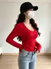 Camiseta básica con capucha para mujer para otoño e invierno, fina, ajustada, sexy, top corto con escote bajo, camiseta de manga larga para chicas calientes