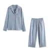 Conjunto de Roupa Europeia e Americana Estilo Primavera e Verão Novo Feminino Manga Longa Bolso Linho Camisa Top e Calça Longa de Cintura Alta