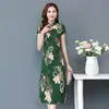 Vestido Cheongsam Estampado Holgado de Verano Manga Corta Estilo Nuevo Elegante Estilo Chino Ajustado Adelgazante de Longitud Media para Cabello