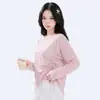 Blusa feminina fina de manga longa, blusa com cordão, estilo novo, tamanho G, gaze de nuvem, gola redonda, 2026, rosa, verão, corte solto