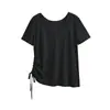 Top casual soltinho com cordão e franzido lateral, decote V grande, manga curta, camiseta esportiva para mulheres no verão