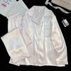 Pijama Popular de Primavera e Outono para Mulheres, Conjunto de Loungewear Jacquard de Seda Gelada de Verão com Estampa de Desenho Animado, Cardigã de Manga Longa e Calça Longa, Atacado Transfronteiriço