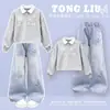 Conjunto de Sudadera con Cuello Polo y Adorno de Encaje de Moda para Niñas Primavera y Otoño y Pantalones Vaqueros con Estrellas Estilo Coreano para Niños Mayores