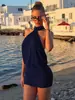 Vestido Mini Bodycon Decote Halter Costas Abertas Moda Europeia e Americana para Mulheres Cor Sólida Festa Sexy Hot Girl