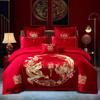 Bordado de Dragón y Fénix Juego de Cuatro Piezas para Boda Juego de Múltiples Piezas Rojo Grande para Boda Sábana de Cama de Boda Funda de Edredón Ropa de Cama para Boda