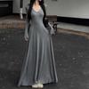 Saia Base Modeladora de Cintura Primavera Saia Longa Fluida Azul Estilo Suave Gola Vestido Tricotado de Manga Comprida para Mulheres