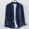Camisa de lino japonesa fina con cuello mao para primavera y verano, camisa de algodón y lino de manga larga transpirable casual holgada para hombre, abrigo de moda