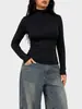 Camiseta Popular de Cuello Alto y Manga Larga de Amazon para Mujer, Corte Ajustado, Camiseta Base Elástica, Color Sólido, Top Interior Versátil
