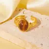 Anillo Abierto Redondo Maillard Retro Ojo de Tigre Corazón para Mujer Acero Inoxidable Resistente al Agua Colorido Permanente Galvanizado PVD