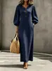 Vestido casual solto de manga bufante com botões e decote V, estilo europeu e americano, transfronteiriço, projetado para esconder a barriga e criar um efeito emagrecedor, perfeito para férias