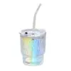 Taza de Vidrio con Popote de Bambú Colorido de Moda, Vaso de Agua Aurora Láser con Tapa, Taza de Vidrio con Popote para Bebidas Frías de Oficina