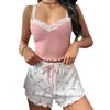 Estación Independiente Transfronteriza Conjunto de Shorts con Tirantes de Encaje Europeo y Americano Costilla Hueca Cómodo Elástico Casual Ropa de Casa para Mujer