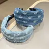 Faixa de Cabelo Jeans com Lantejoulas Estilo Hong Kong Retrô Design Coreano de Nicho Versátil Versão Larga Rasgada Faixa Personalizada para Cobrir Costuras do Cabelo para Mulheres