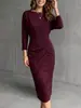 Amazon transfronterizo europeo y americano otoño/invierno nuevo moda femenina cuello redondo manga murciélago manga larga cintura alta ajustado vestido