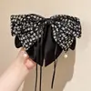 Grampo de Garra para Rabo de Cavalo com Laço de Fita de Cetim com Bolinhas High-End Retro Outono Inverno Novo Grampo para Cabelo Meio Preso na Nuca para Mulheres