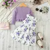 Bolero de punto con borde de oreja de madera morada para bebé niña + Vestido sin mangas con estampado floral y lazo + Conjunto de dos piezas Clase A para otoño