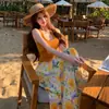 Meia-saia Floral Amarelo Dopamina, Estilo Coreano de Verão, Color Blocking Fresco, Cintura Alta, Emagrecedora, Saia Evasê com Amarração para Férias para Mulheres