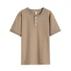 (Mismo Estilo para Hombres y Mujeres) Camisa Henry de Manga Corta de Algodón Peinado de Xinjiang Camiseta de Manga Corta con Cuello Henry Retro Americano Pesado