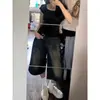 150 Shorts Jeans Cropped Americano Petite para Mulheres, Verão Vintage Soltos de Perna Larga Cintura Alta Retos de Comprimento Médio