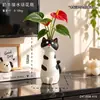 Jarrón con Forma de Vaca Linda y Gato Pequeño Creativo Dibujo Animado Hidropónico Rábano Verde Planta Florero Soporte Adorno para Sala de Estar